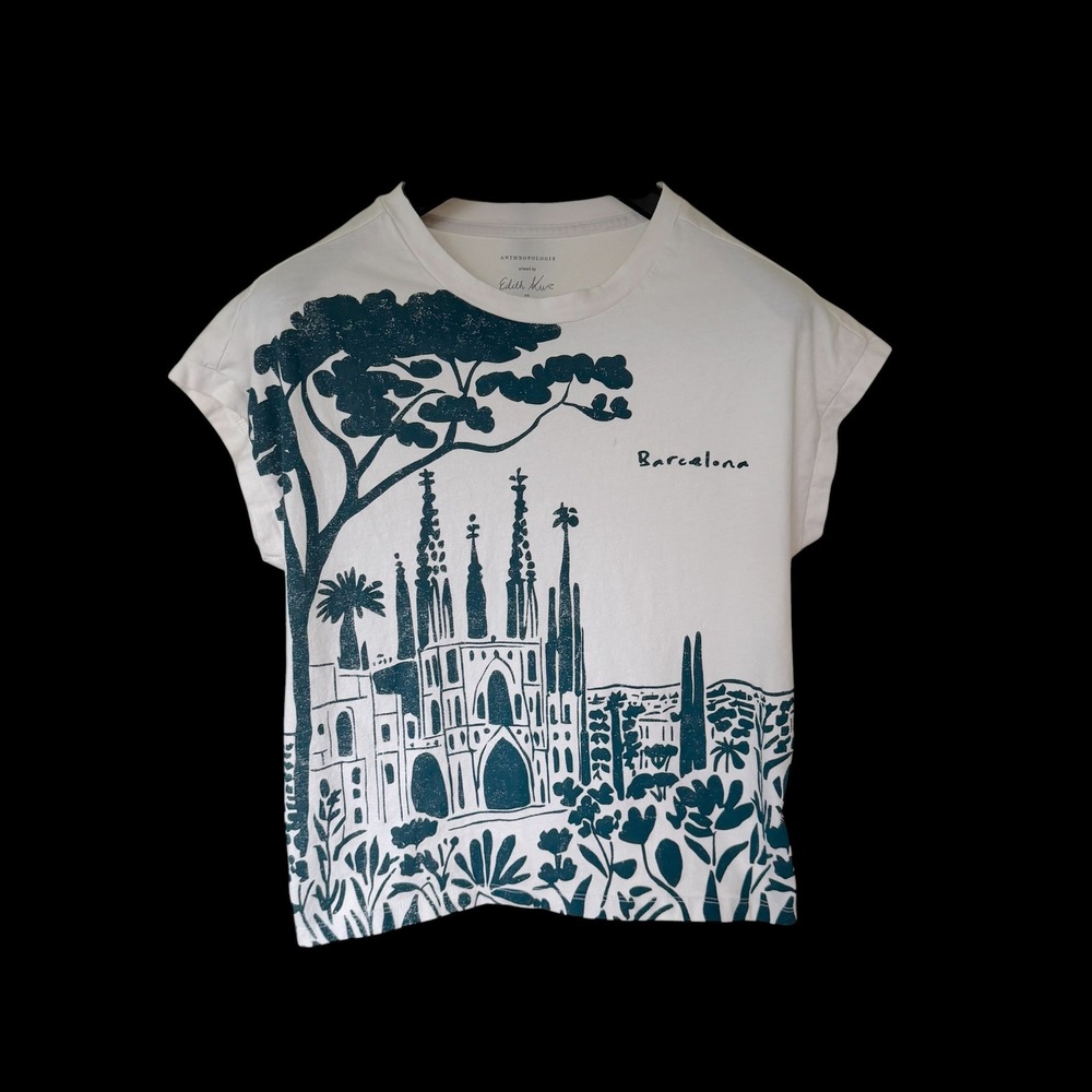 Anthropologie Edith Kurz Barcelona Tee White Teal Sagrada Familia XS